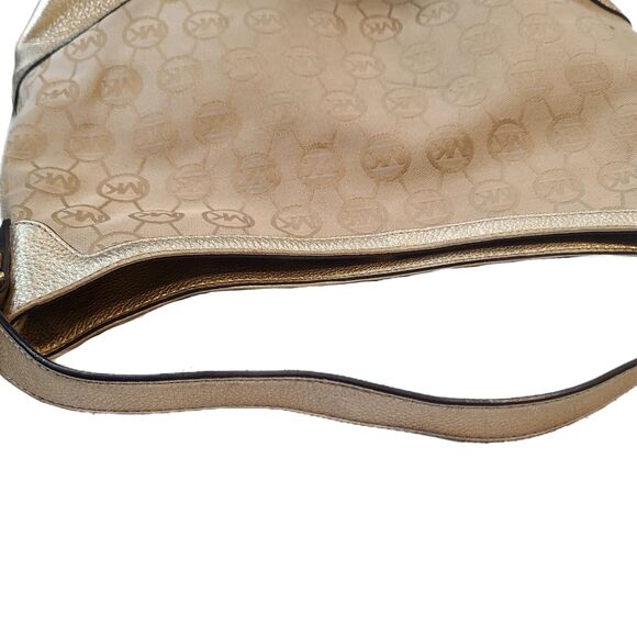 Michael Kors Signature MK Jet Set Khaki Canvas & Gold Leather Shoulder Bag VGUC - Picture 6 of 11